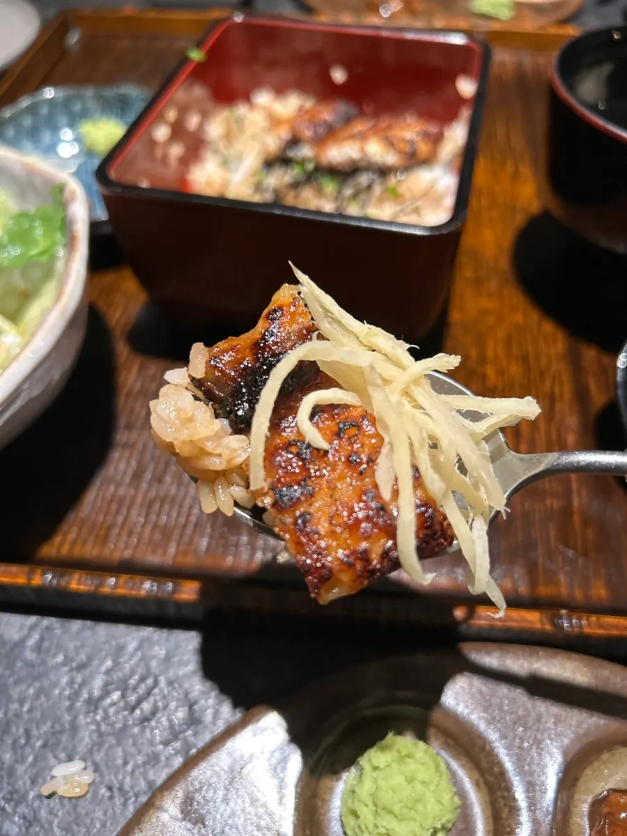 Eel rice bowl topped with wasabi
