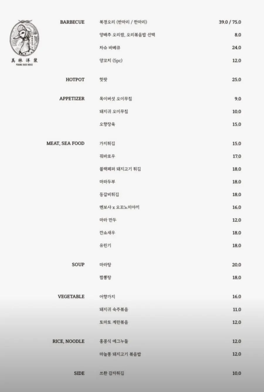 Menu board at Mirim Yangjang Seolleung Branch