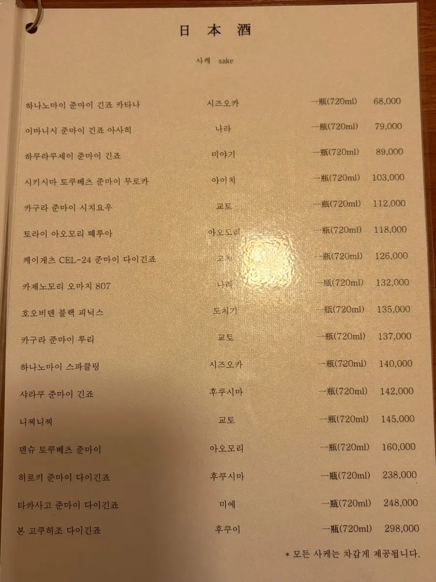 사카이 안주와 주류 메뉴판