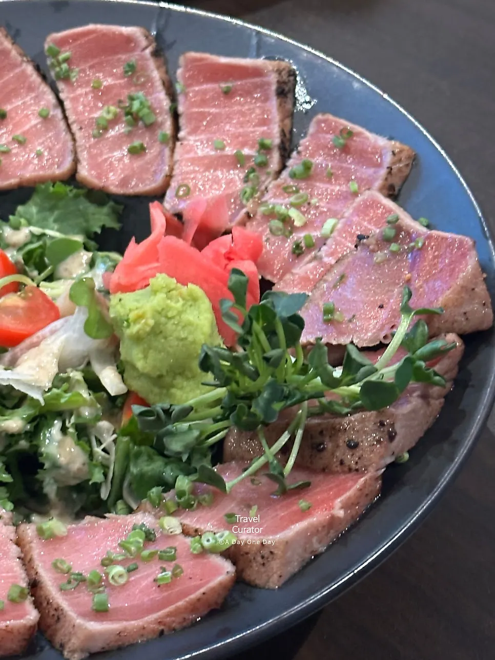 Close-up of a single piece of maguro tataki