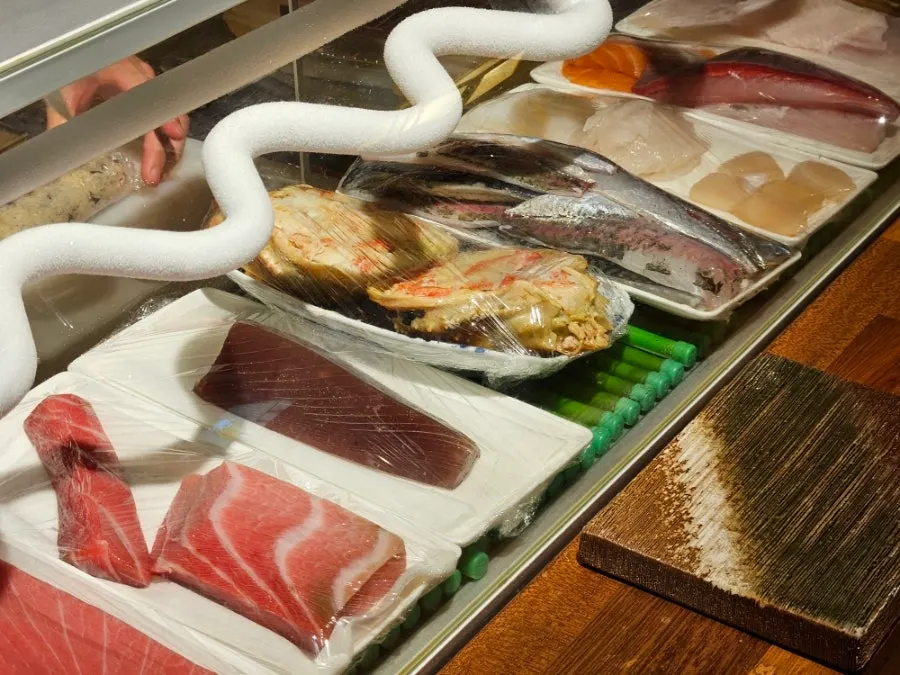 Sakai's open kitchen with neta on display