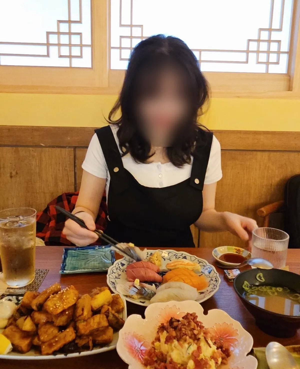 Full table spread of Sakai's sushi and highball