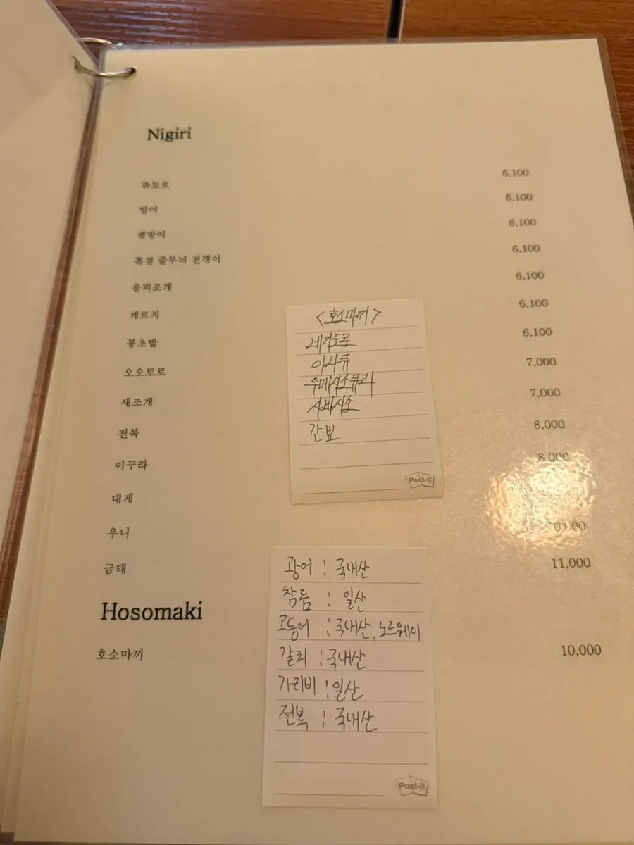 Sakai's sashimi menu listing