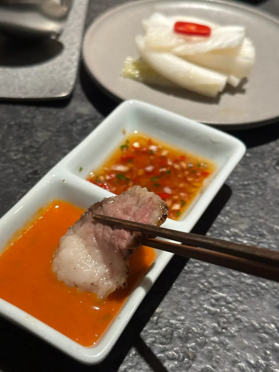 Broth and meat in Manmok's hanwoo nabe