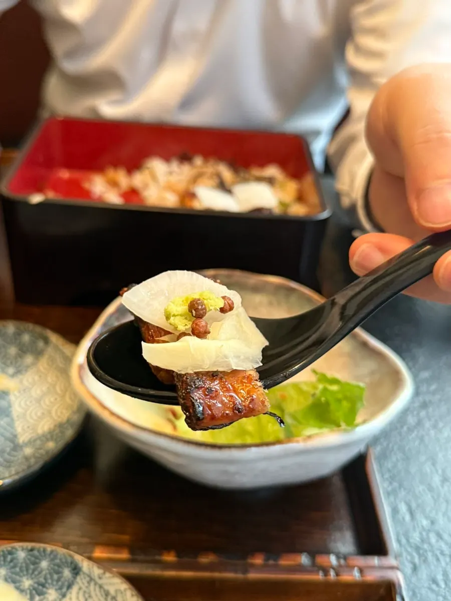 Wasabi, ginger, and other condiments served with the eel rice bowl