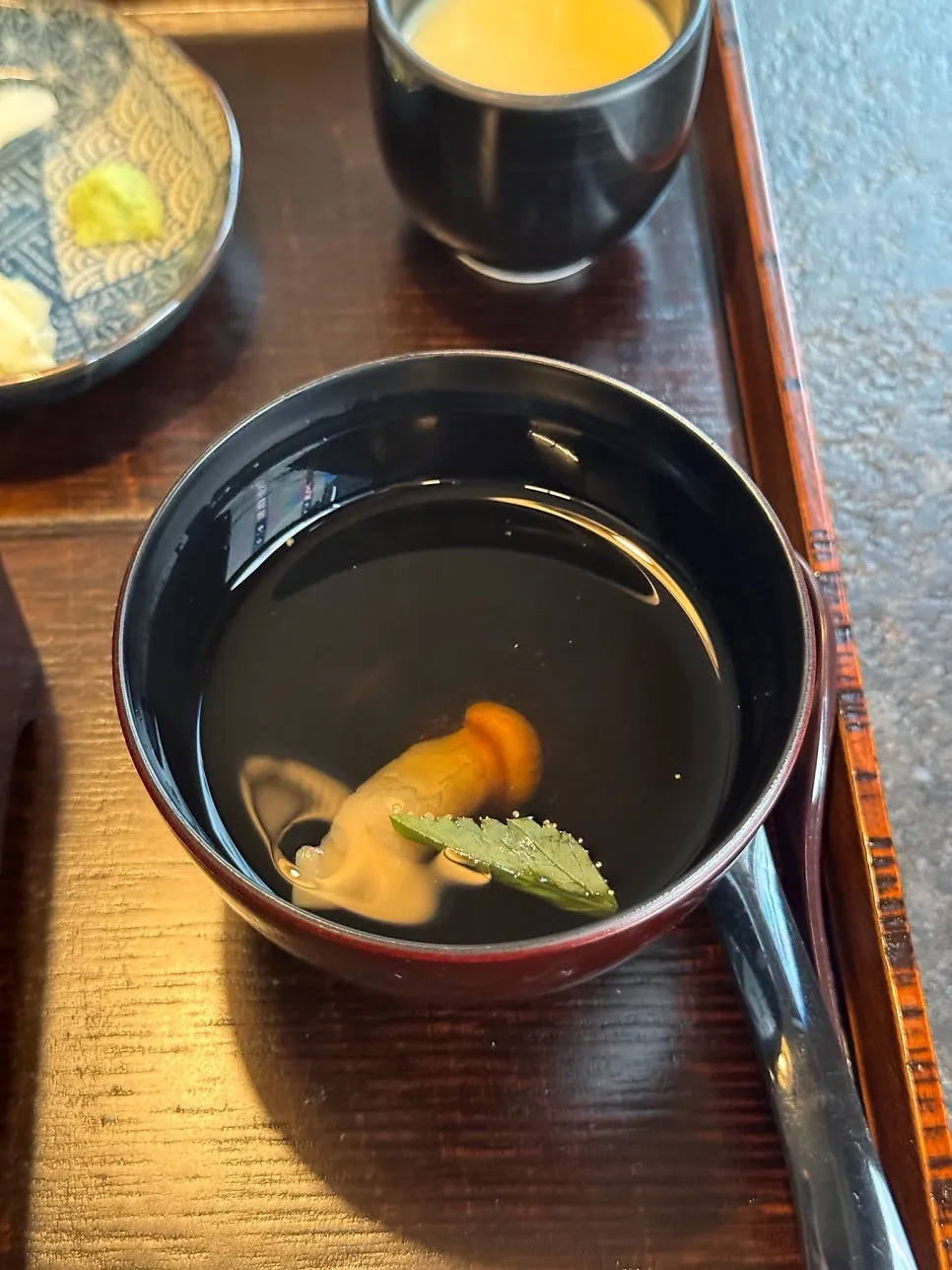 Warm soup with mini king oyster mushrooms