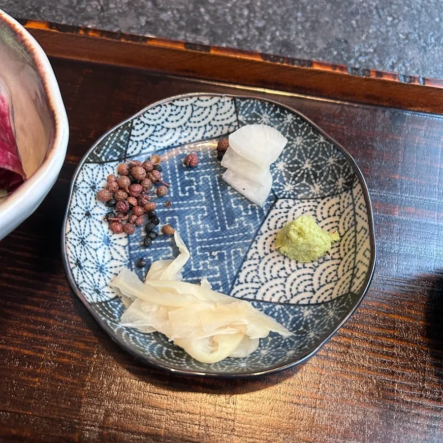 Pickled radish, wasabi, ginger, and pickled sansho side dishes