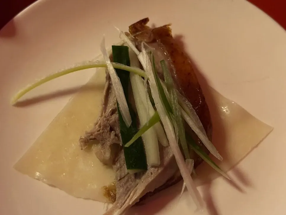 A Peking duck wrap in a wheat pancake