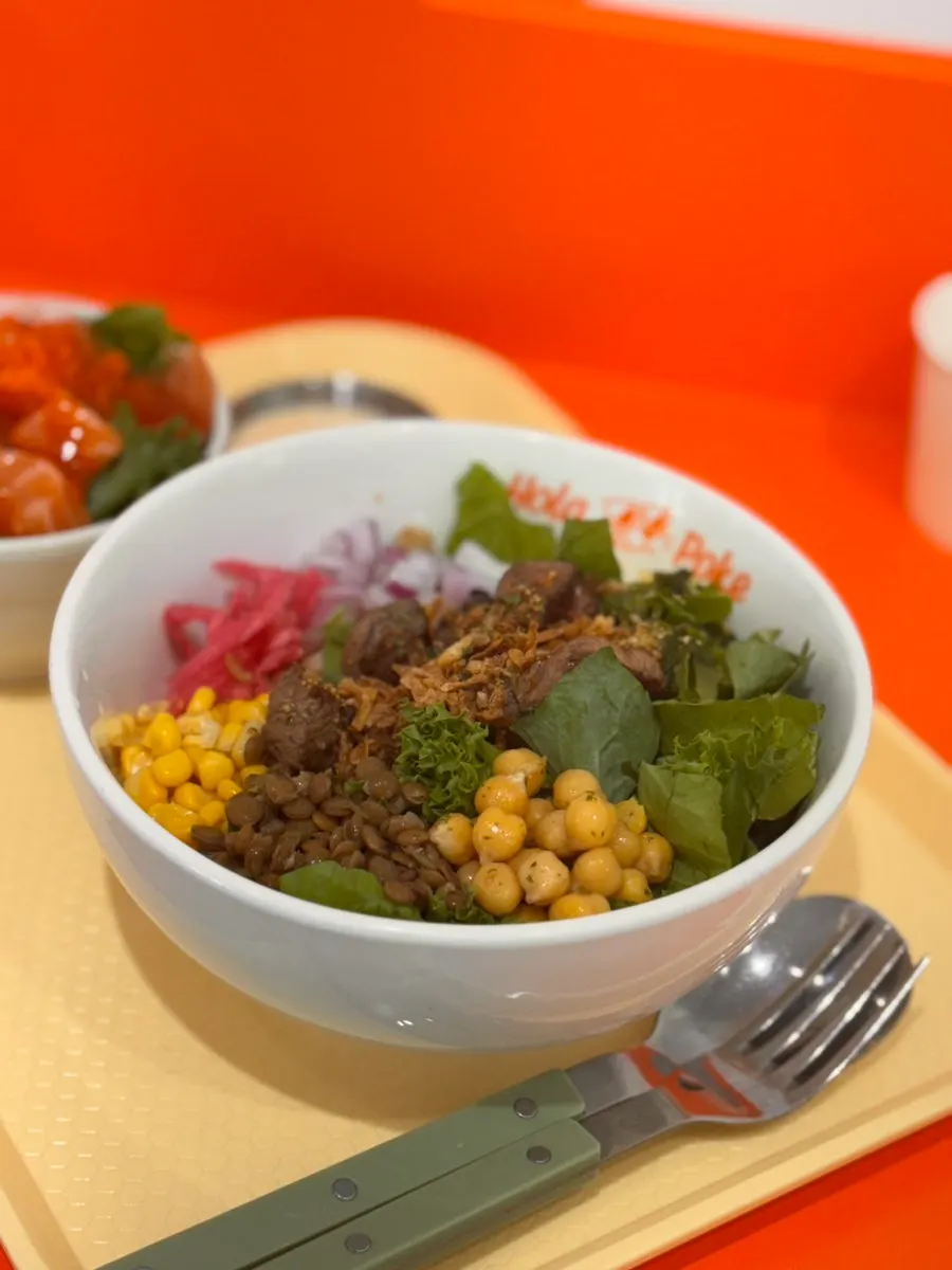 Close-up of steak poke toppings