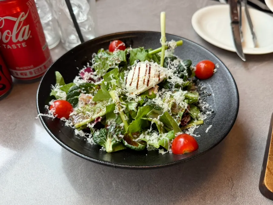 A plate of garden salad with ricotta cheese