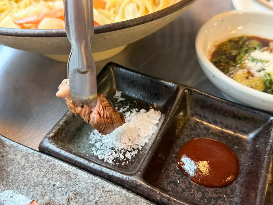 Four sauces: salt, barbecue, whole grain mustard, and soy sauce