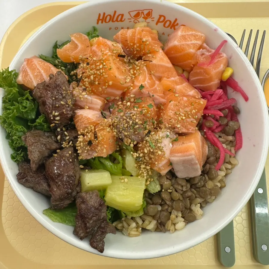 Poke with raw salmon and added flat iron steak