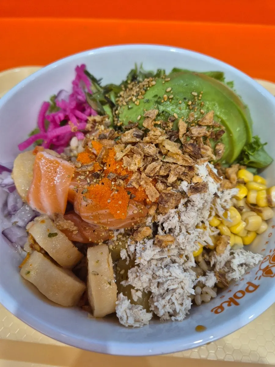 Super Protein poke bowl with salmon and chicken breast