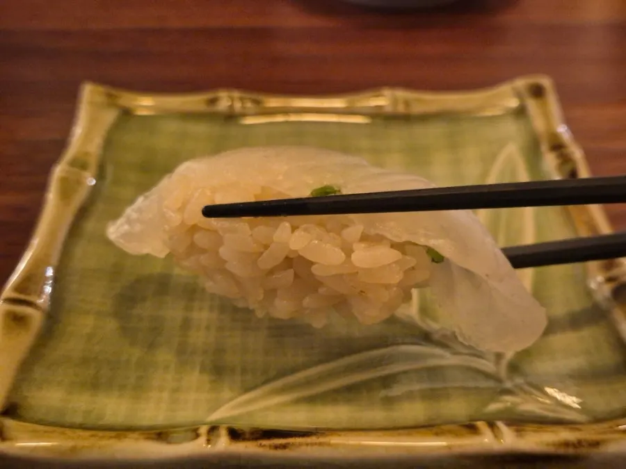 Close-up of glossy salmon nigiri