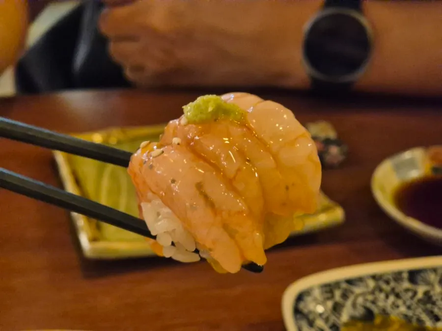 A piece of bouncy-textured sweet shrimp nigiri