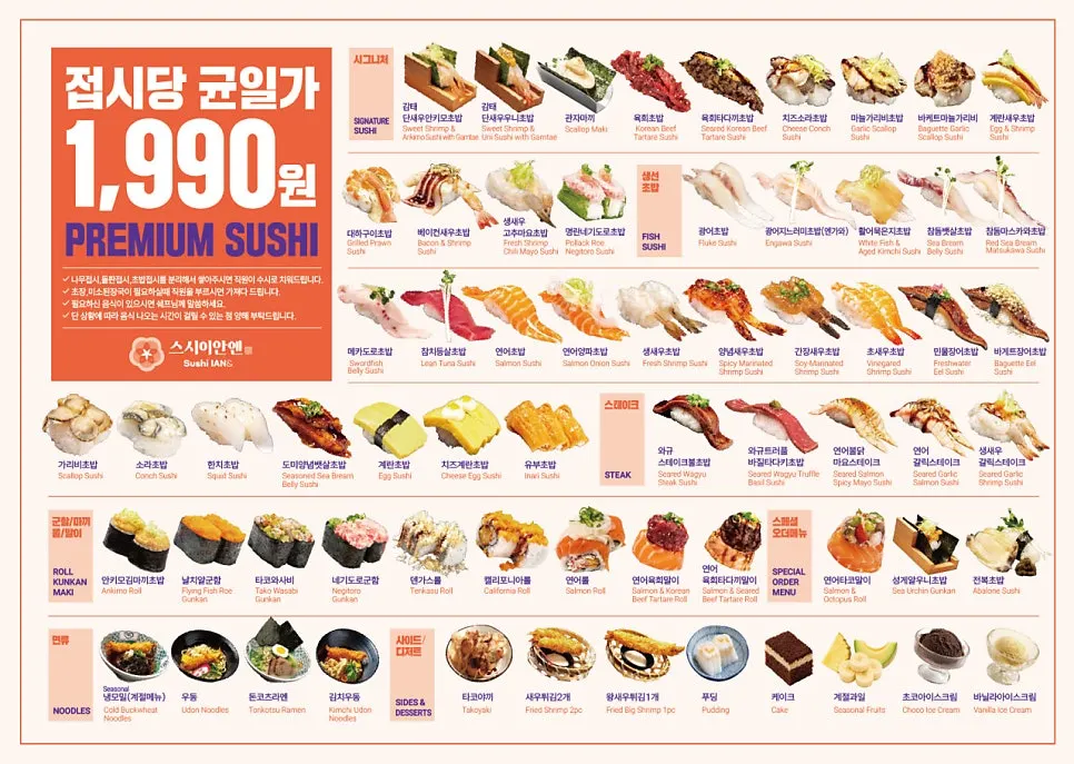 접시당 1,990원 균일가가 적힌 회전초밥 메뉴판