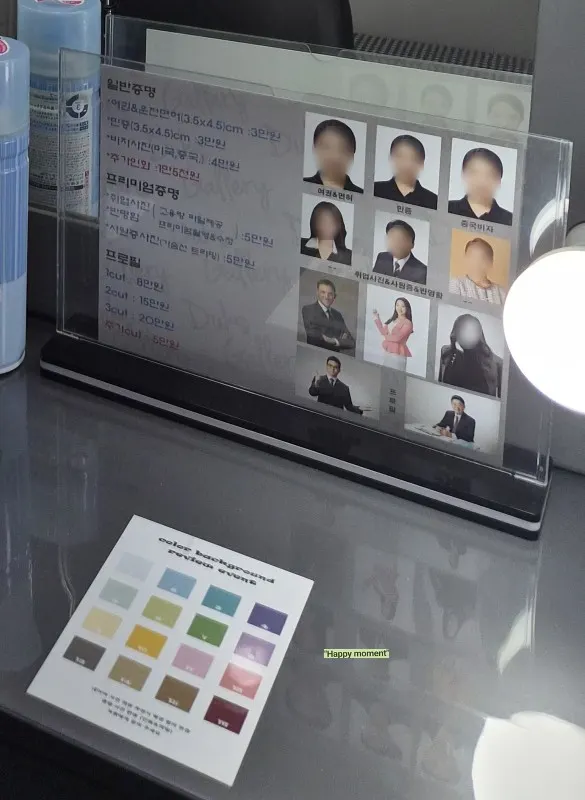 Guide showing ID photo sizes and background colors