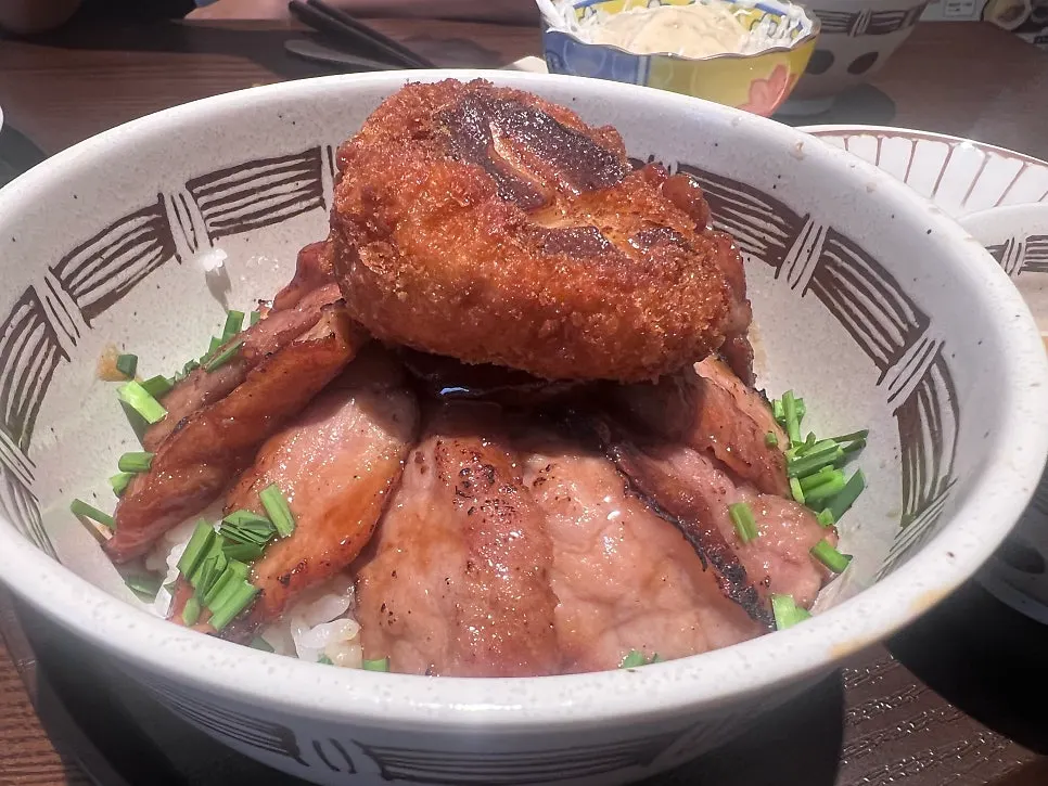 Steak rice bowl with meat and accompaniments