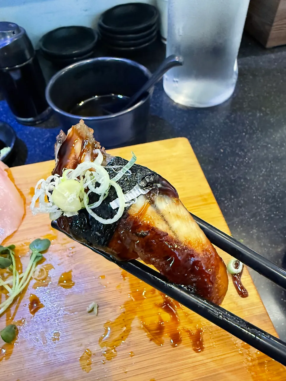 Freshwater eel sushi topped with sweet sauce