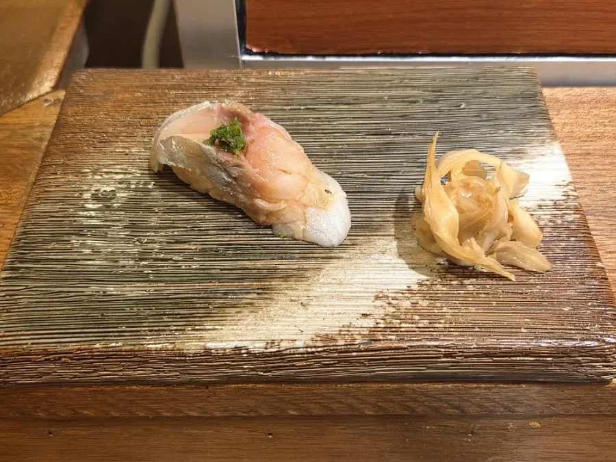 Horse mackerel sushi with perilla-leaf and wasabi pesto