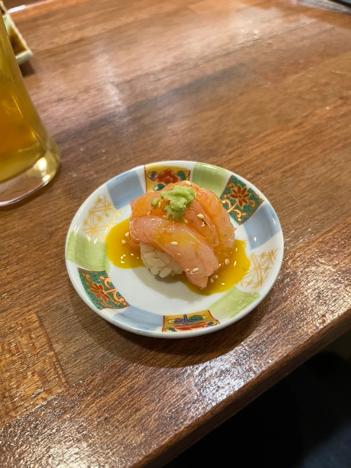 Mackerel nigiri and Suntory draft beer at Sakai