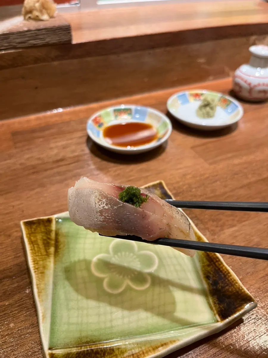 Close-up of horse mackerel sushi