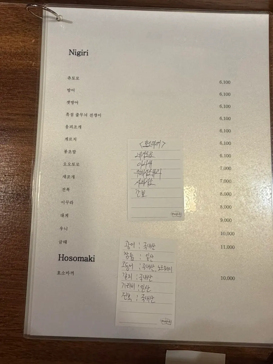 Page of Sakai's sushi menu