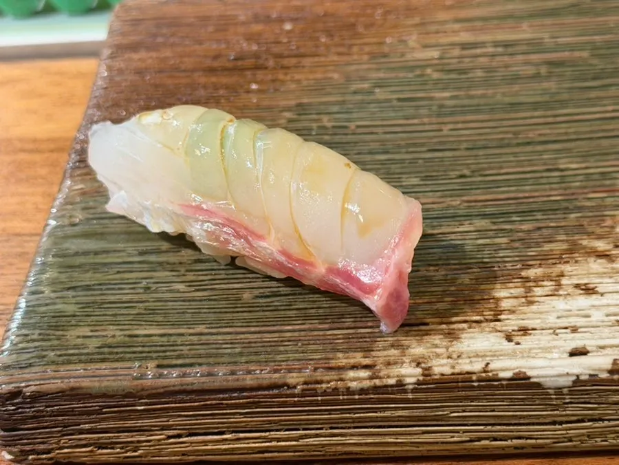 Halibut nigiri topped with shio kombu