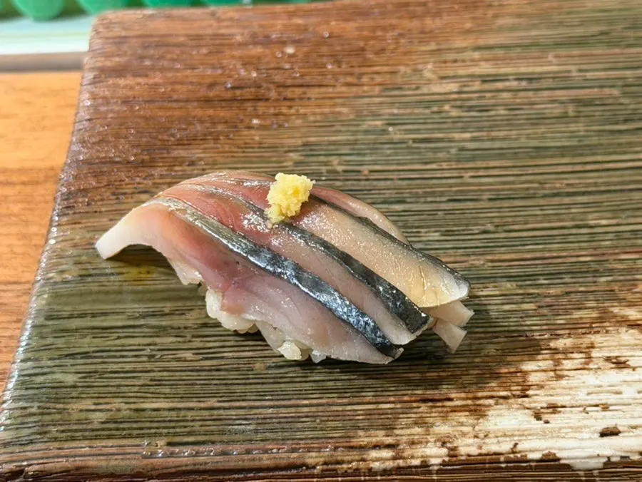 A piece of Sakai's horse mackerel nigiri