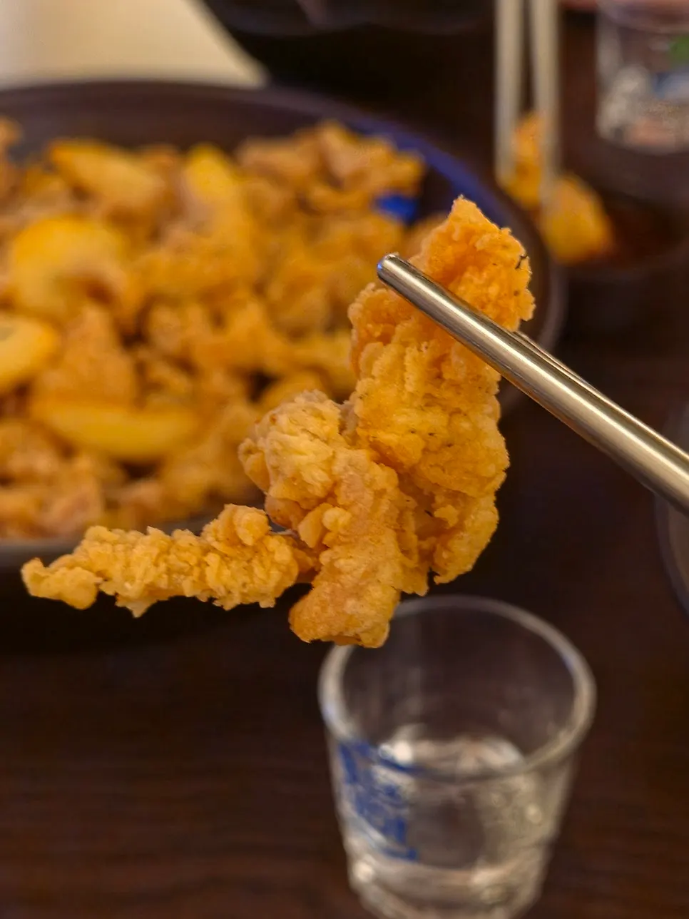 A piece of boneless chicken, crispy outside and juicy inside