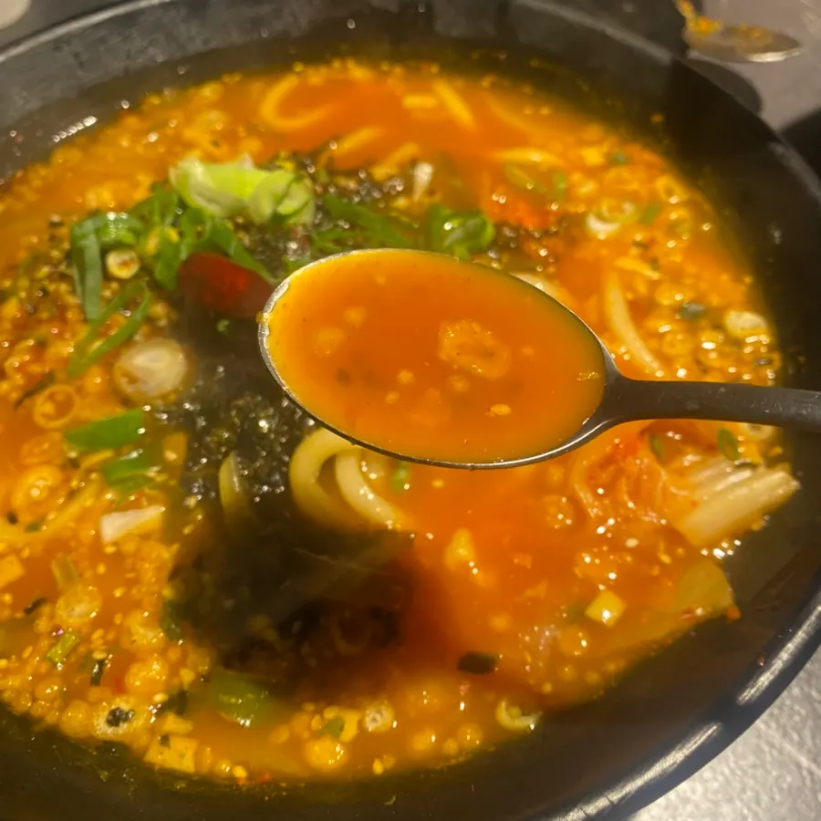 Spicy kimchi udon in a huge bowl