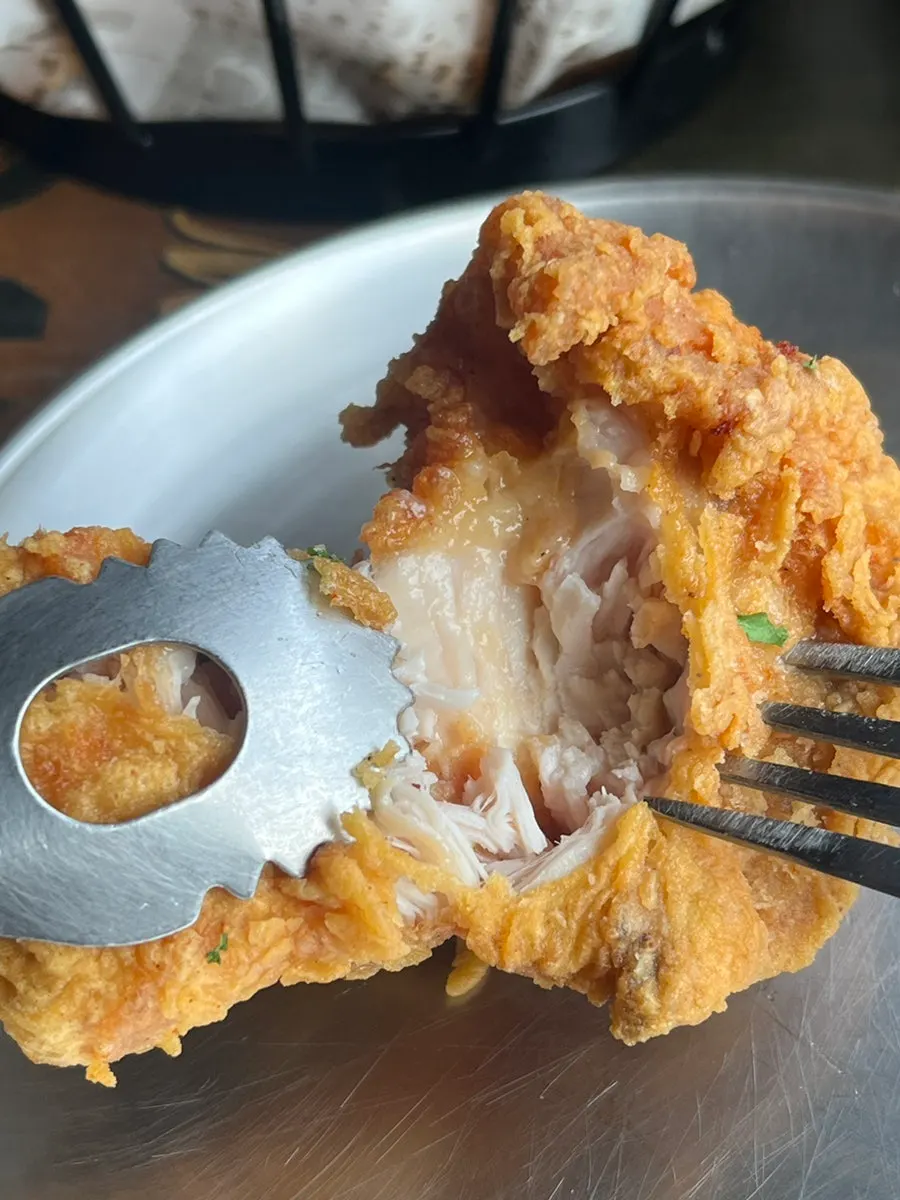 Moist interior of a chicken drumstick