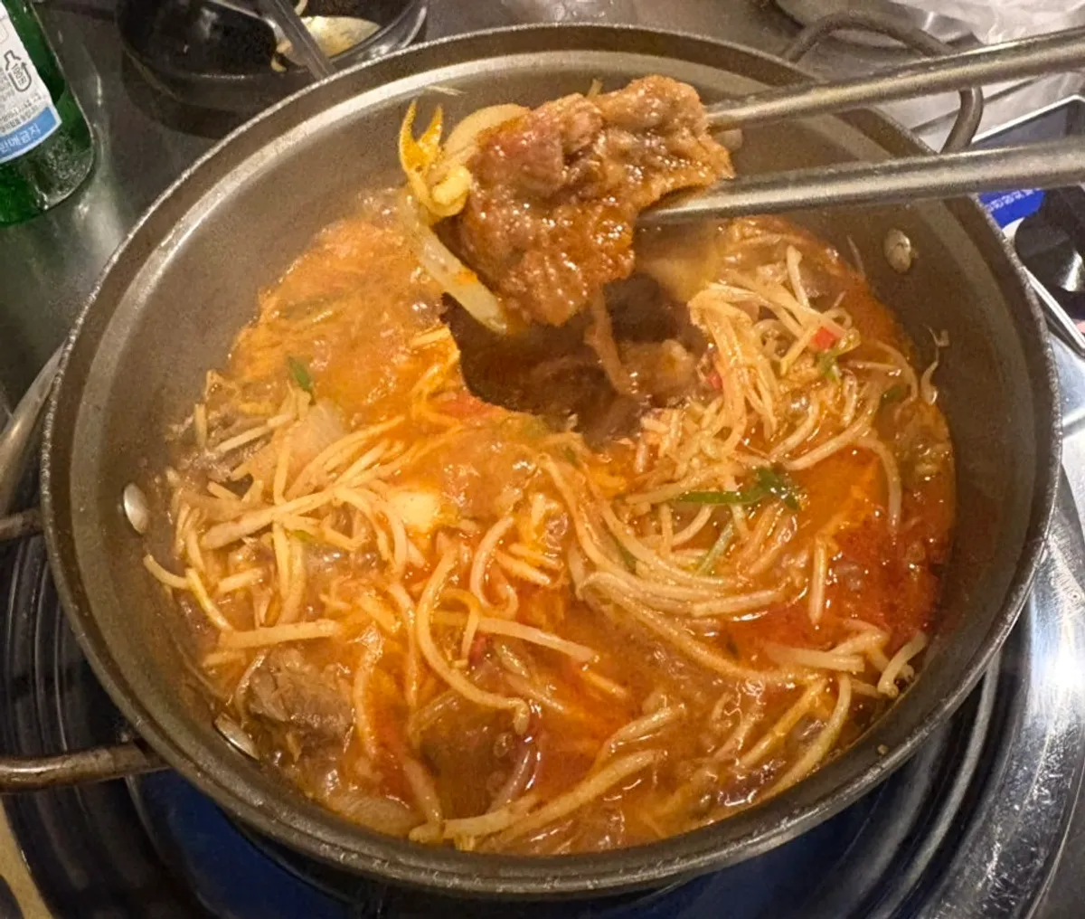 Spicy galbijjim with rice cakes and noodles added
