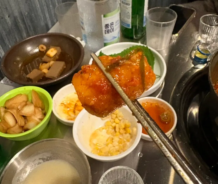 Seafood potato pancake dipped in galbijjim sauce