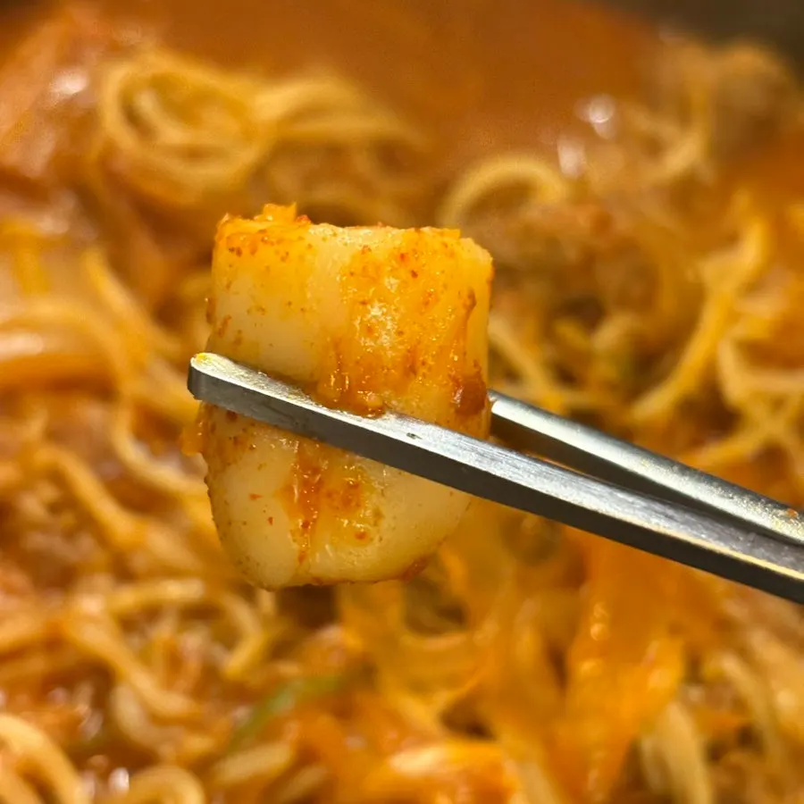 Aged kimchi and meat soaked in the broth