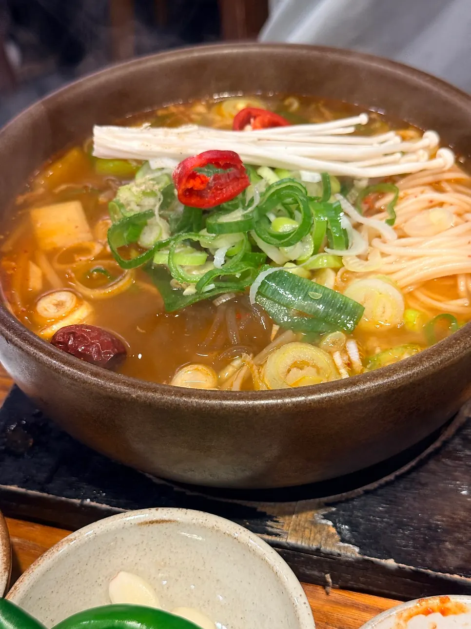 Spicy galbi gukbap with a fiery broth