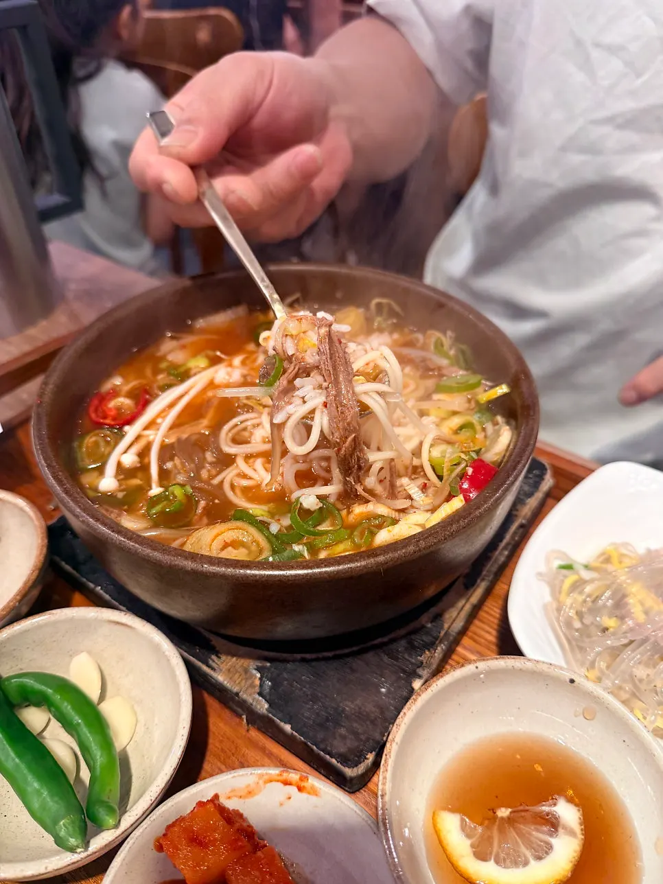 Close-up of the spicy galbi gukbap stone bowl