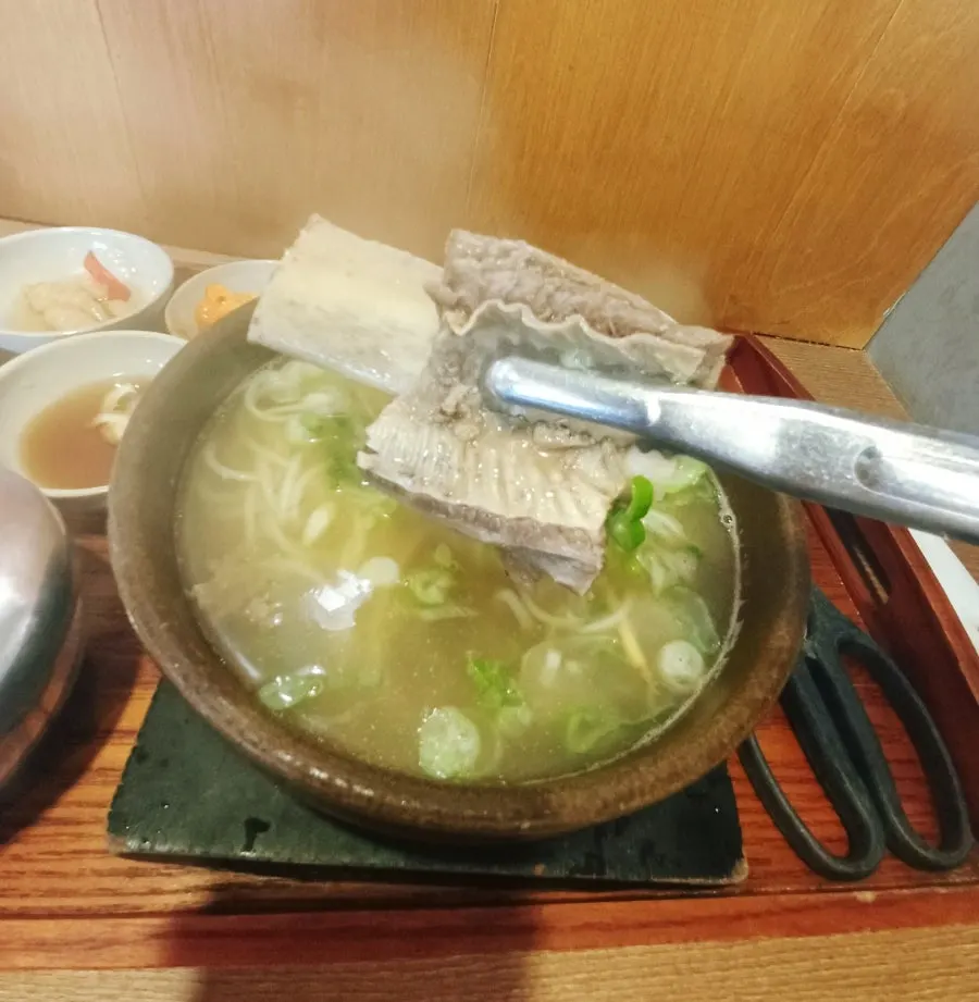 Close-up of the galbitang broth and ingredients