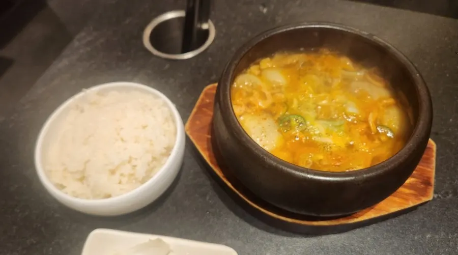 A spread of doenjang stew and rice