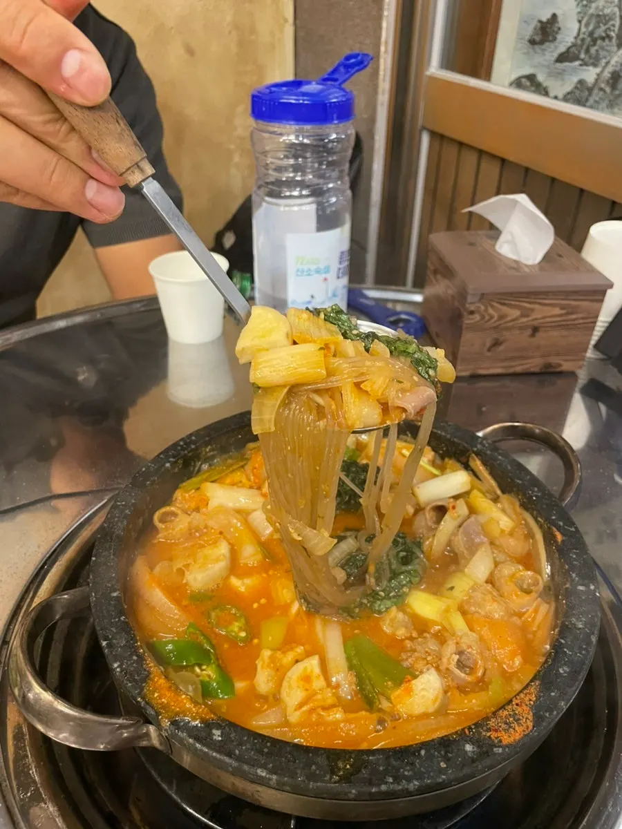 Gopchang hot pot with glass noodles soaked in broth