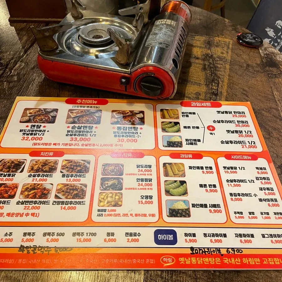 Menu board with chicken, stew, and fruit options