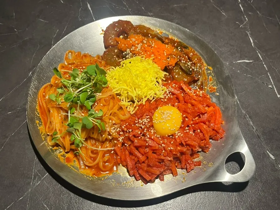 Yukhoe & Shrimp Jang-Kal Bibim served on one big plate