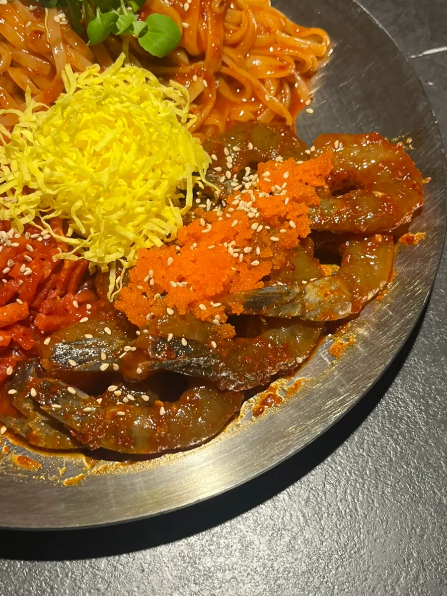 The fully mixed Yukhoe & Shrimp Jang-Kal Bibim plate