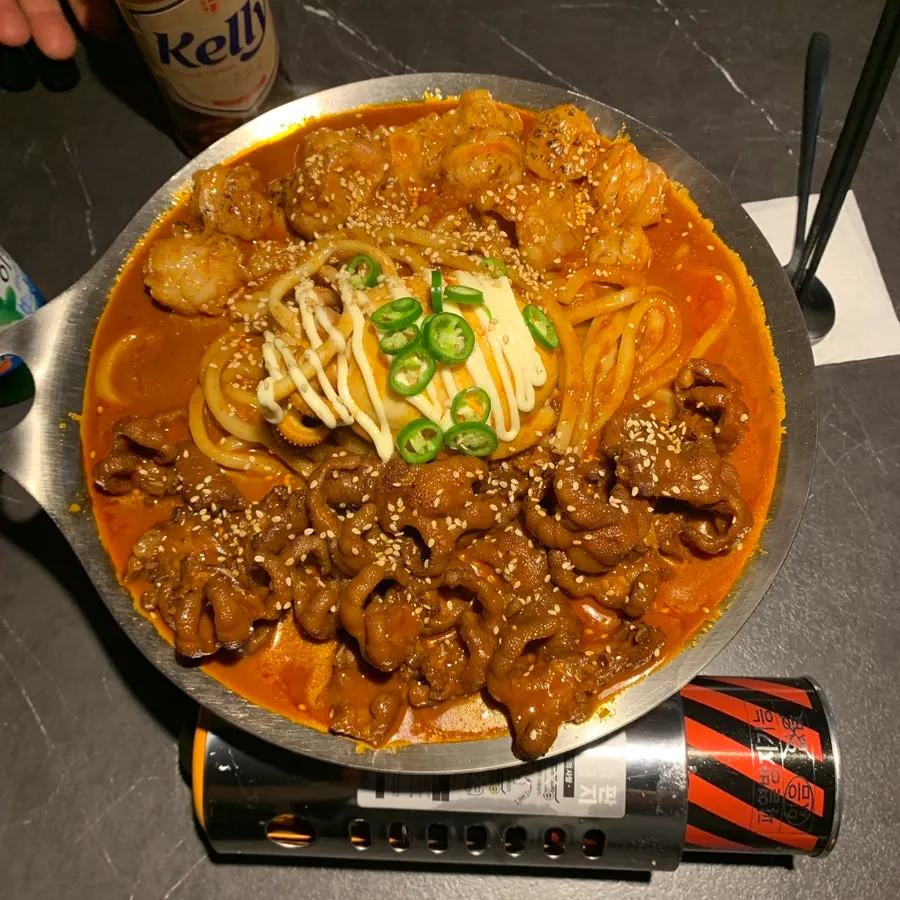 O-Dae-Bal platter served on a hot plate