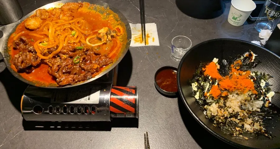 Full table shot of the O-Dae-Bal platter and rice ball
