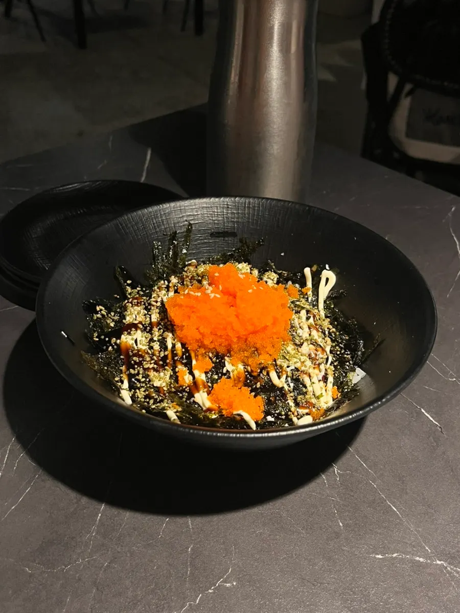 Overhead view of the yukhoe shrimp jang kalbibim