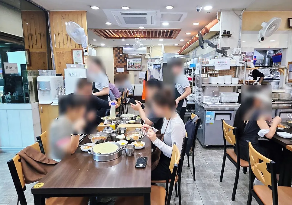Full view of the small restaurant packed with customers