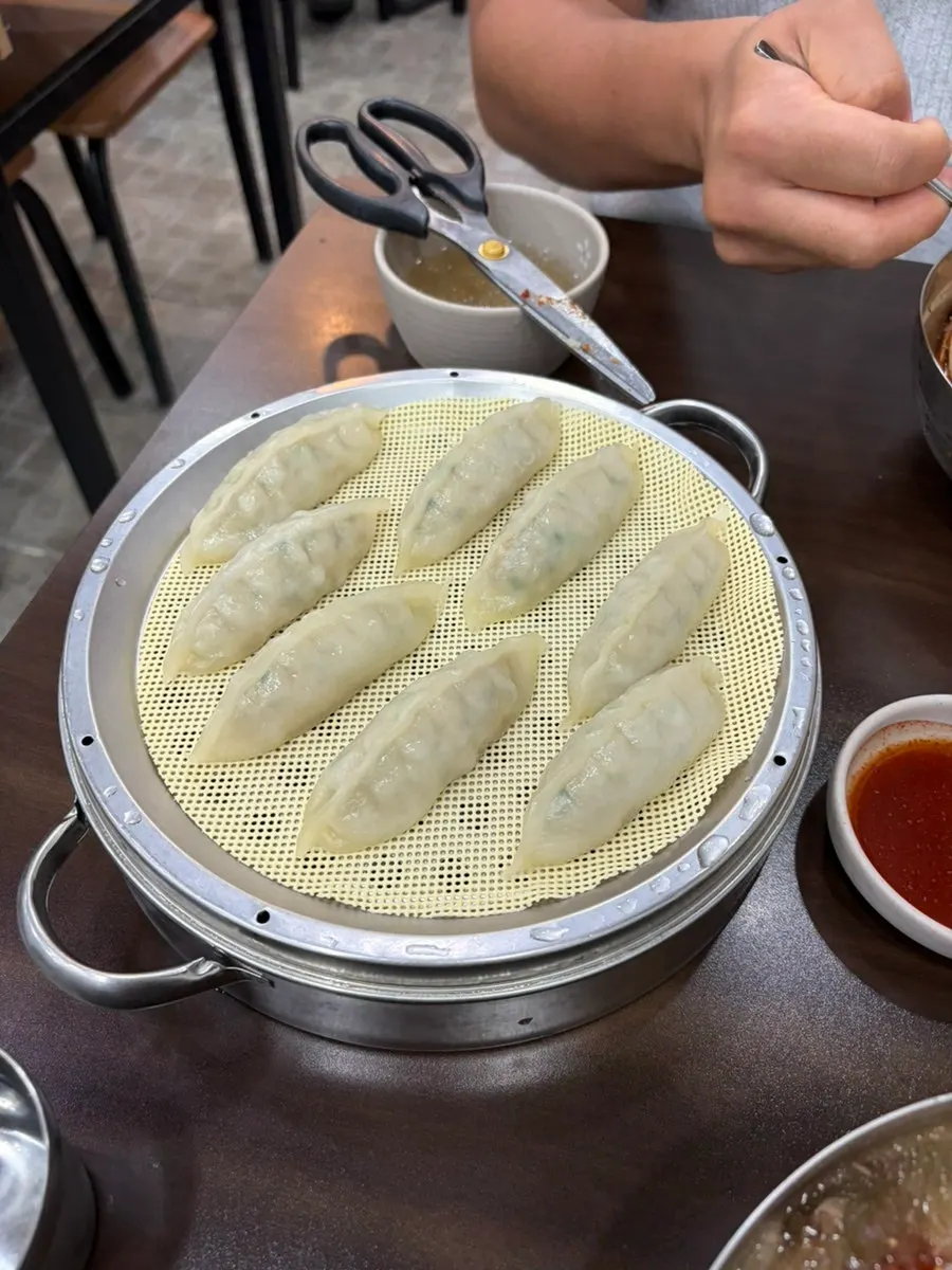 밀면과 만두를 함께 차린 식사 구성