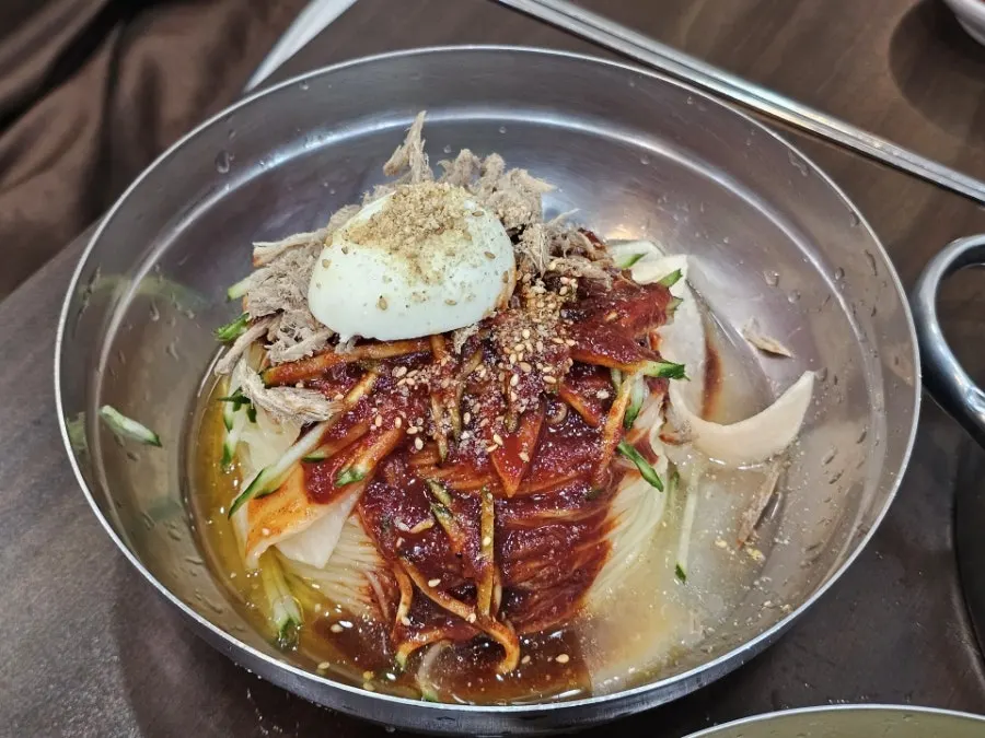 Bibim-milmyeon topped with red sauce