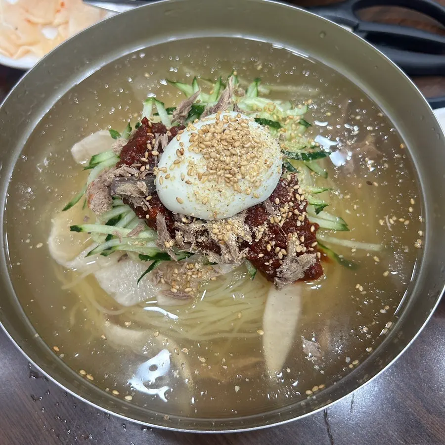 Mul milmyeon topped with meat, egg, and cucumber